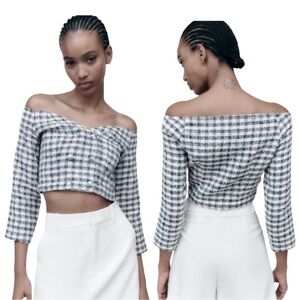 NWT ZARA Blue Black White Plaid Tweed Stylish Off-Shoulder Crop Top